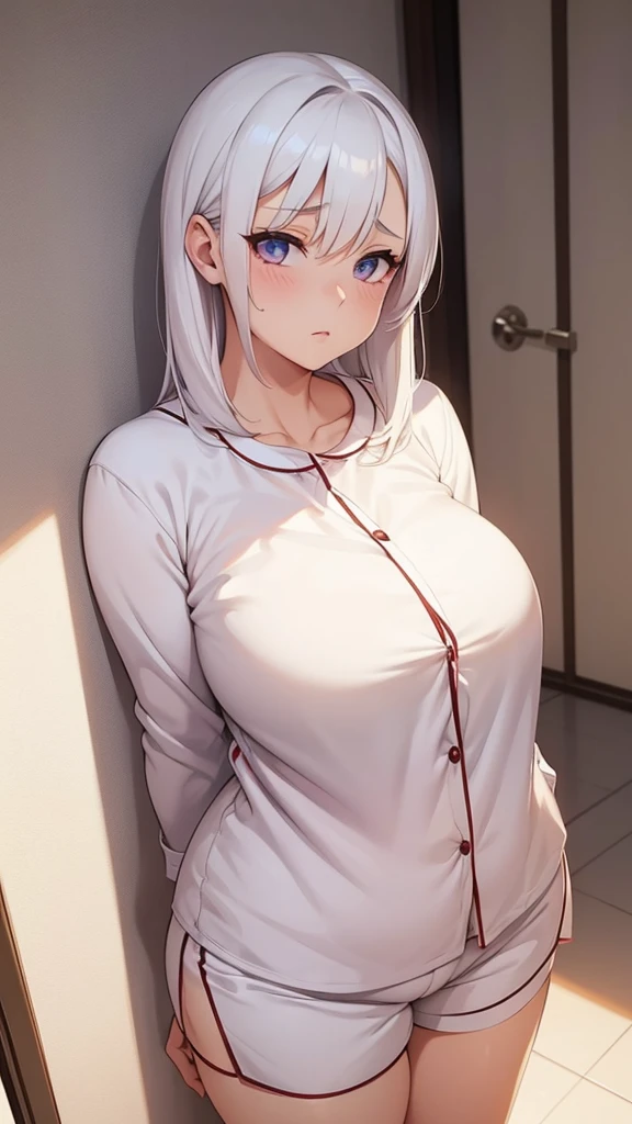 A , sexy girl with white hair, enormous breasts, big hips, wearing pajamas and tight shorts, seductively, showing a shy expression on her face. The chest has grown even more.