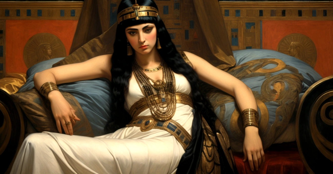 Renaissance painting of Cleopatra lying on her bed, dressed in her sensual black outfit, she is beautiful and perfect, looking provocative, and powerless