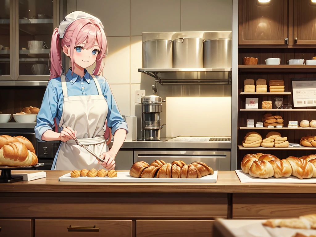 Bakers make the perfect dough for flaky pastries. Light blue long hair、Beautiful girl with twin tails、A happy smile、A bakery decorated with daisies、Introducing a fully equipped bakery with stainless steel countertops and a full set of baking tools. bakery,Roll out the dough with a wooden rolling pin, Show off her expertise. The aroma of baked goods wafts through the air.. background、Trays of golden croissants and delicately woven Danish pastries cooling on racks. This photo shows、The precision and skill required in the art of pastry making. Filmed:Claire Bird, Renowned pastry chef specializing in natural and seasonal ingredients