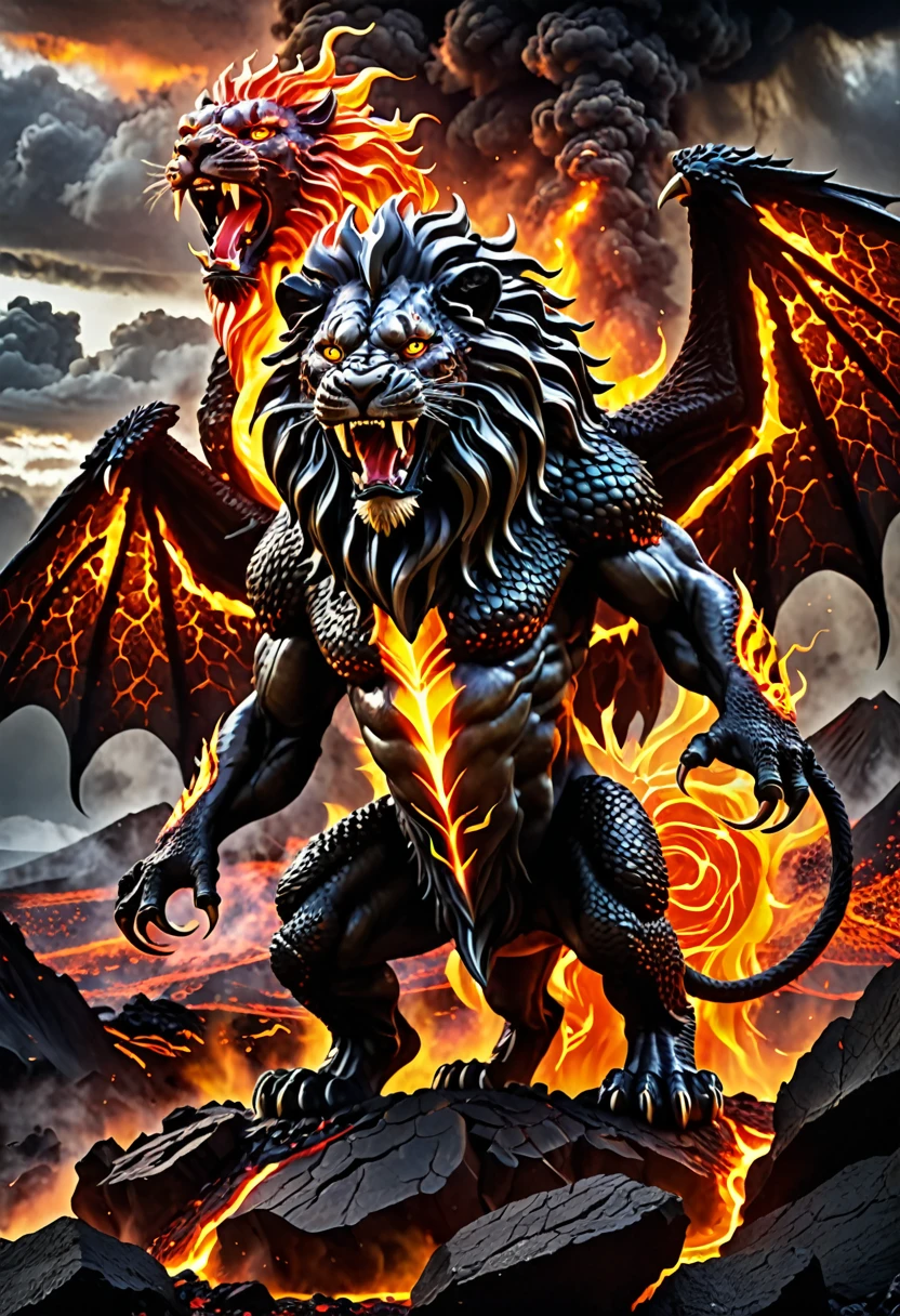 creature has the body and mane of a lion, with large, fiery wings similar to those of a dragon, body is adorned with dark, molten scales that glow with fiery cracks, giving it an appearance of being forged from lava and fire, The creature has an aggressive and roaring expression, with glowing, fiery eyes that emit an intense light, stands on a rocky, volcanic landscape with molten lava and smoke rising around it, contributing to the creature's fiery and intimidating presence, The sky above is stormy, filled with dark clouds, adding to the dramatic and otherworldly atmosphere of the scene
