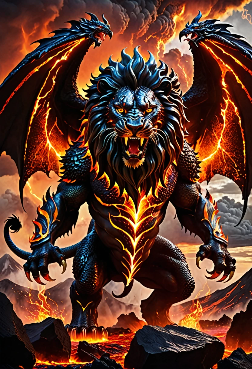 creature has the body and mane of a lion, with large, fiery wings similar to those of a dragon, body is adorned with dark, molten scales that glow with fiery cracks, giving it an appearance of being forged from lava and fire, The creature has an aggressive and roaring expression, with glowing, fiery eyes that emit an intense light, stands on a rocky, volcanic landscape with molten lava and smoke rising around it, contributing to the creature's fiery and intimidating presence, The sky above is stormy, filled with dark clouds, adding to the dramatic and otherworldly atmosphere of the scene