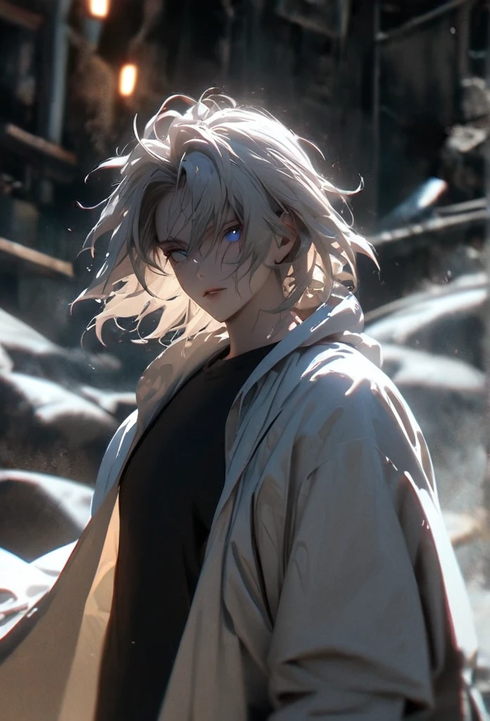 (solo), white hair, messy hair, mane hair, short hair, dense hair, wild hair, expressive hair, mature,(25 year old), pale skin, blue eyes, ((male)), wearing a black shirt, wearing a white cloak,, rolled up sleeves, handsome, attractive, eye reflection, depth of field, thunder aura,cinematic lighting, ray tracing, depth of field, cinematic lighting, ray tracing, UHD, high details, best quality, highres, high quality, award winning, super detail, masterpiece, 8k, UHD, high details, best quality, highres, high quality, award winning, super detail, masterpiece, 8k, digital art, anime coloring, full body shot, body shot, good face, perfect face, detailed face, good eyes, looking towards the screen.