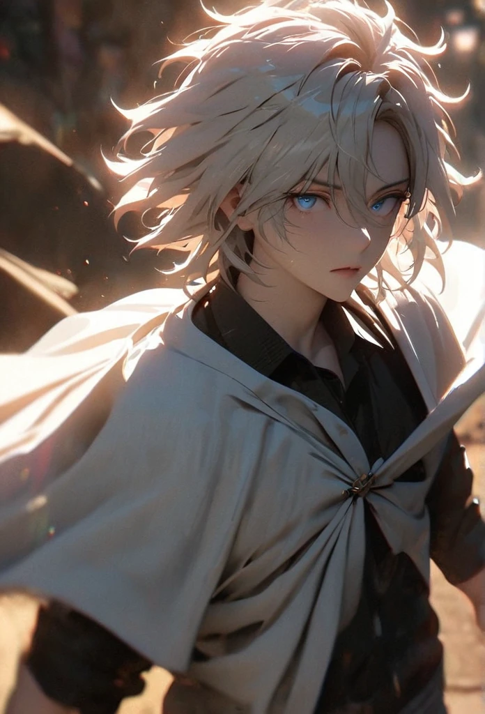 (solo), white hair, messy hair, mane hair, short hair, dense hair, wild hair, expressive hair, mature,(25 year old), pale skin, blue eyes, ((male)), wearing a black shirt, wearing a white cloak,, rolled up sleeves, handsome, attractive, eye reflection, depth of field, thunder aura,cinematic lighting, ray tracing, depth of field, cinematic lighting, ray tracing, UHD, high details, best quality, highres, high quality, award winning, super detail, masterpiece, 8k, UHD, high details, best quality, highres, high quality, award winning, super detail, masterpiece, 8k, digital art, anime coloring, full body shot, body shot, good face, perfect face, detailed face, good eyes, looking towards the screen.