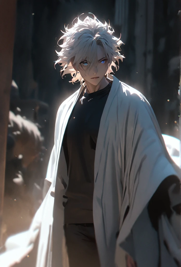 (solo), white hair, messy hair, mane hair, short hair, dense hair, wild hair, expressive hair, mature,(25 year old), pale skin, blue eyes, ((male)), wearing a black shirt, wearing a white cloak,, rolled up sleeves, handsome, attractive, eye reflection, depth of field, thunder aura,cinematic lighting, ray tracing, depth of field, cinematic lighting, ray tracing, UHD, high details, best quality, highres, high quality, award winning, super detail, masterpiece, 8k, UHD, high details, best quality, highres, high quality, award winning, super detail, masterpiece, 8k, digital art, anime coloring, full body shot, body shot, good face, perfect face, detailed face, good eyes, looking towards the screen.