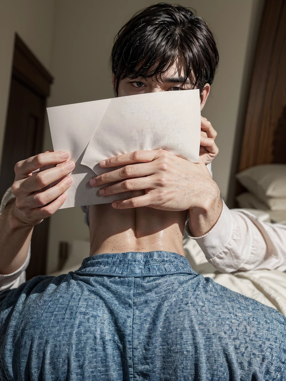 Make this man hold a written letter GR3ga