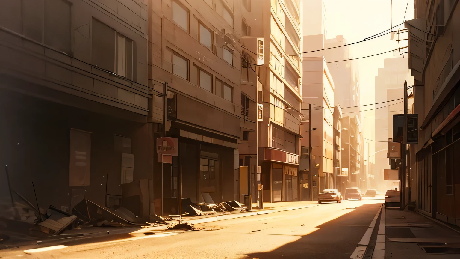 street view of a burning destroyed city, anime style, cel shading, pencil sketch, fine line art, cinematic lighting
