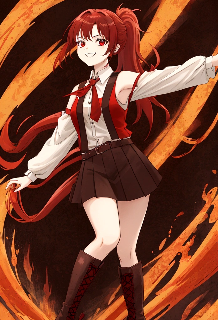 20 years old girl, long red hair, wears a ponytail, red eyes, always smiling. She dresses in an antique style, wearing a short brown skirt with black shorts underneath, ending above the knees. She wears knee-high brown boots. Her white blouse is sleeveless and features red details. She possesses fire powers and has a fire-themed background." 