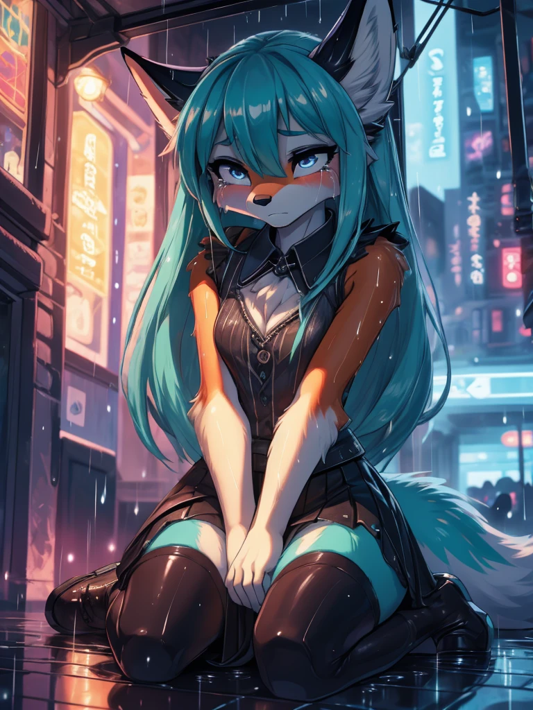 Masterpiece, High Definition, Miku Hatsune x vixen, primer plano High Definition, jealous, hands together upset, High Definition, purple iris, add_detail:1, full body add_detail:1, kneeling in the rain add_detail:1, body wet from the rain add_detail:1, High Definition, sad little fox, sobbing face add_detail:1, High Definition en su cara add_detail:1, very sadness girl, crying in heavy rain add_detail:1 High Definition, black novel chemisse, black skirt add_detail:1 High Definition