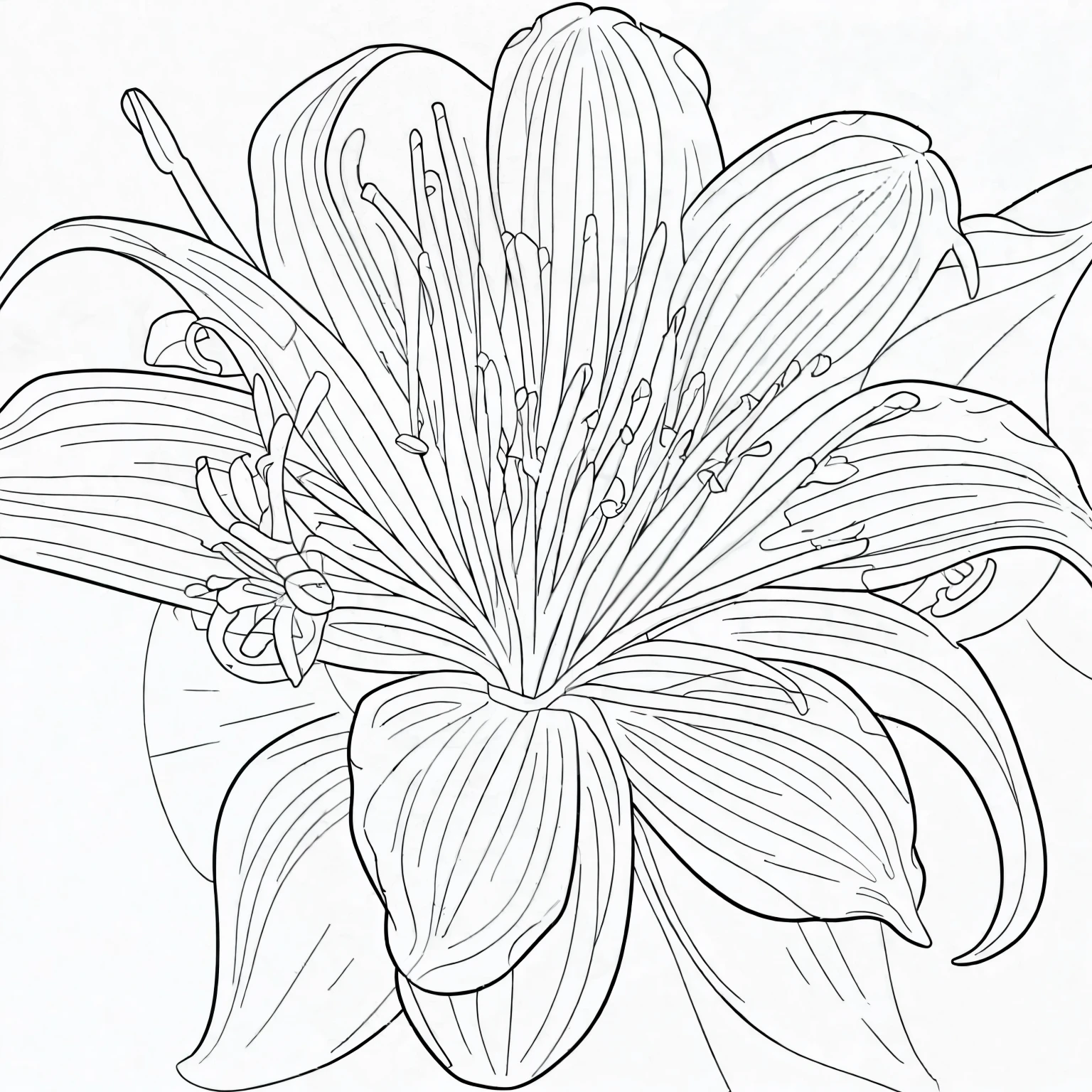 Generate a delightful 2D line art illustration for a kids' coloring book featuring a charming single Lily flower. with clear outlines and large areas for coloring. line art, 2d,