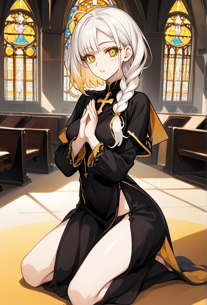 Mature woman, mature face, gentle face, glossy lips, golden eye color, golden eyes, gentle eyes, (braid hairstyle, bob hair, white hair, yellow gradient hair color, glossy hair), slender body, medium breast, thick thighs, saintess clothes, string panties, confessional, church, praying pose, kneeling, view from above, side view