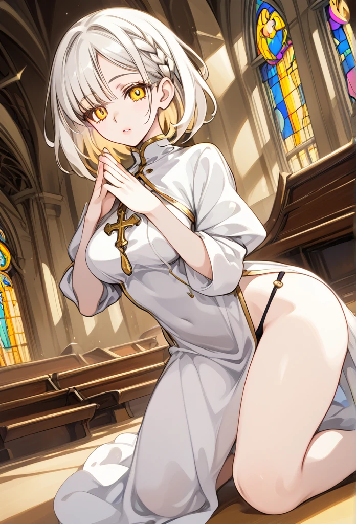 Mature woman, mature face, gentle face, glossy lips, golden eye color, golden eyes, gentle eyes, (braid hairstyle, bob hair, white hair, yellow gradient hair color, glossy hair), slender body, medium breast, thick thighs, saintess clothes, string panties, confessional, church, praying pose, kneeling, view from above, side view
