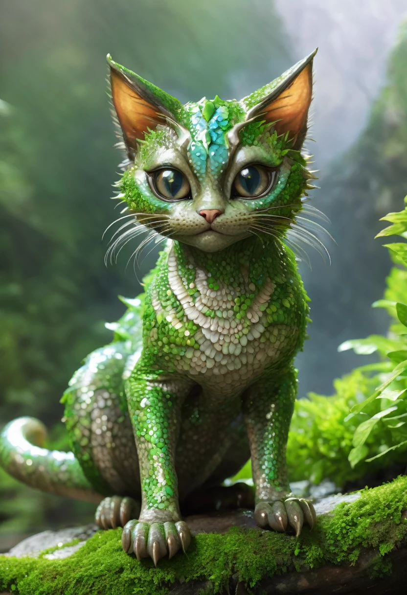 1 slimy cat creature, slug cat, cat-like creature, slithering feline, strange feline hybrid, surreal creature, fantastical animal, wet slimy skin, glistening scales, detailed texture, large expressive eyes, sharp claws, long sinuous tail, coiled body, natural environment, lush foliage, moss covered rocks, soft lighting, muted color palette, (best quality,4k,8k,highres,masterpiece:1.2),ultra-detailed,(realistic,photorealistic,photo-realistic:1.37),digital art,conceptual art,highly detailed creature design