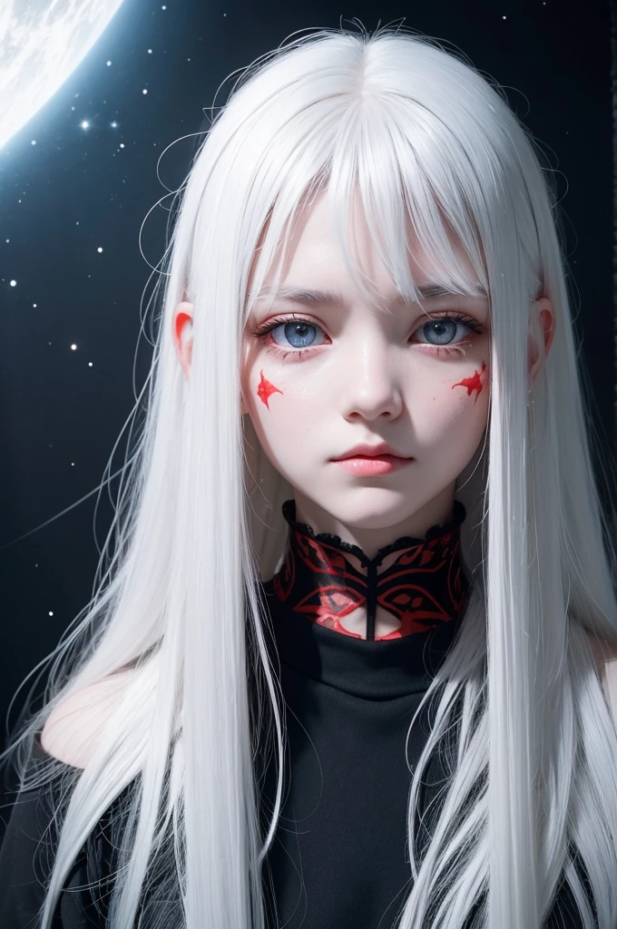 A girl,She has long white hair that falls softly over her shoulders., shining like snow in the moonlight. One of your eyes is deep and enigmatic, remembering the vast outer space. This eye has a black background dotted with bright stars, as if he contained the universe within himself,your other eye is completely white, contrasting with the cosmic eye. Inside this eye, there are red veins or marks that appear to radiate from the pupil, spreading in a chaotic and pulsating way. These red marks continue to spread across her body, forming a pattern that resembles flaming roots or veins.
