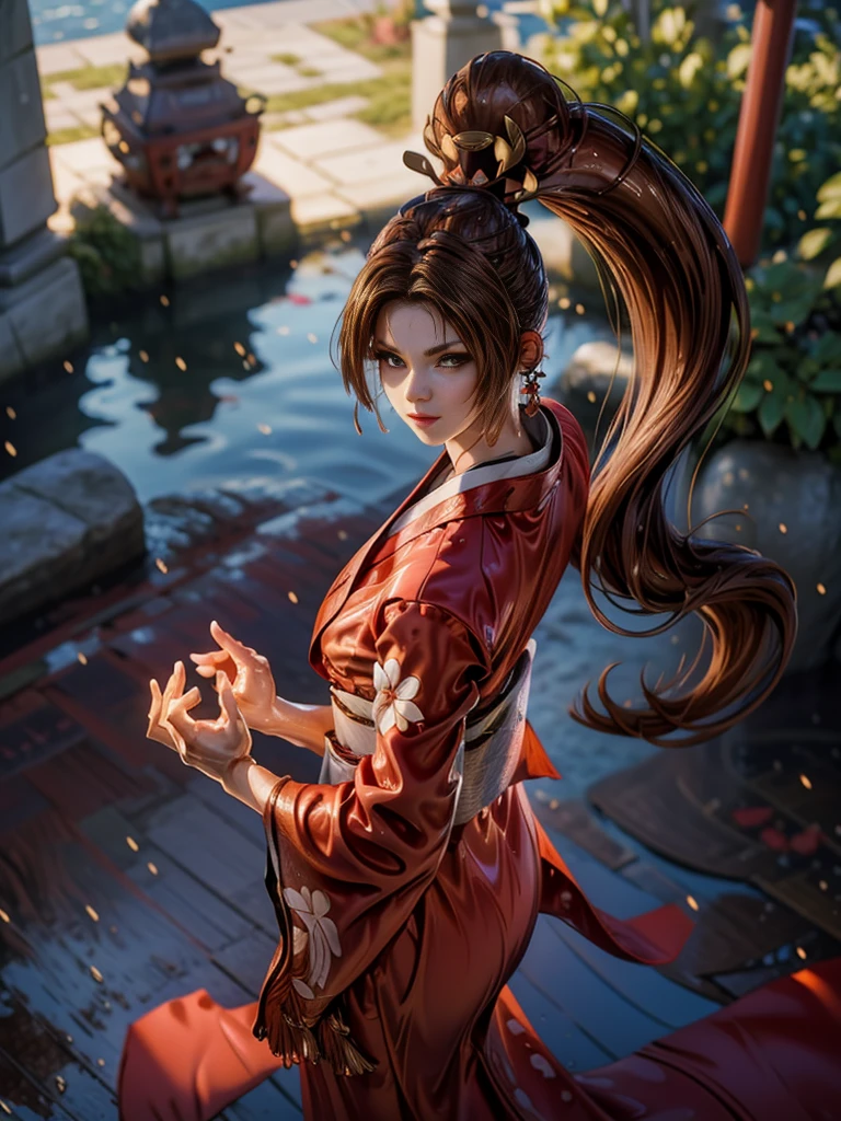 (exquisitely detailed CG unity 8k wallpaper, masterpiece-quality with stunning realism), (best illumination, best shadow), (best quality), (elegant style:1.2), Arti modern anime. angled view, heroic pose, midshot, (cel-shading style:1.3), centered image, ultra detailed closeup portrait of (Mai Shiranui:1) from (King of Fighters), best quality, expressive eyes, perfect face, highres, (ultra details), 1 girl, solo, brown hair, hair ornament, eyeshadow, gold, white and red qipao, highly ornamented, in the city of Japan, portrait, looking at the viewer, piercing eyes, full body, (light from the angle:1) (wind blowing:1.2).(depth of field effects:1.3) (motion action:1.2) (closeup:1.2) (angled closeup photography:1), (motion blur effects:1), wide angles, spreading feet, Thin to transparent,see-through,(((Soggy-kimono:1.2))),Lace fabric, (((water-immersed body: 0.9))),jewelry, relaxing pose