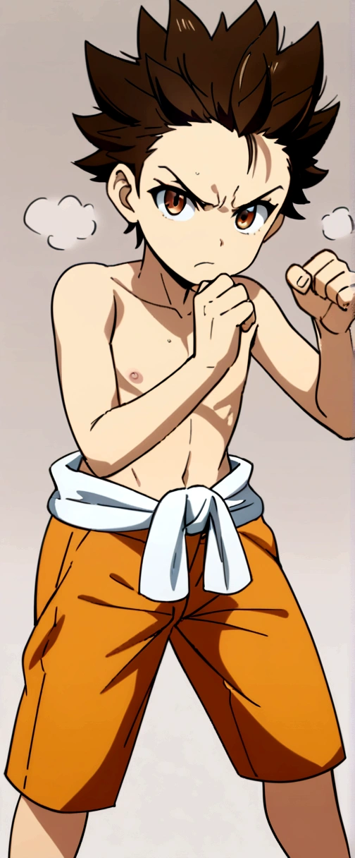 masterpiece, best quality, high quality,  1boy,15-year-old, kid, male focus, full body, looking at viewer, brown hair,spiky hairstyle, short hair, steam smork, japan style,  anime coloring, home muji style, detailed face, topless, white towel on waist, pose boxing fighter, angry face, oiled up, red stomach, oiled up body