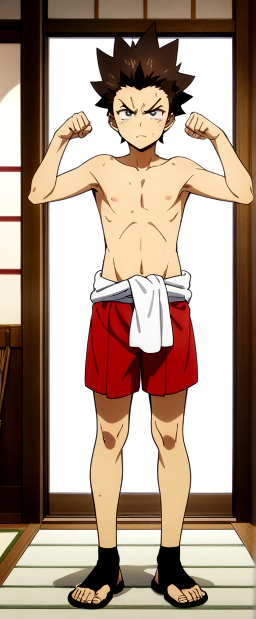 masterpiece, best quality, high quality,  1boy,15-year-old, ???, male focus, full body, looking at viewer, brown hair,spiky hairstyle, short hair, steam smork, japan style,  anime coloring, home muji style, detailed face, topless, white towel on waist, pose boxing fighter, angry face, oiled up, red stomach, oiled up body
