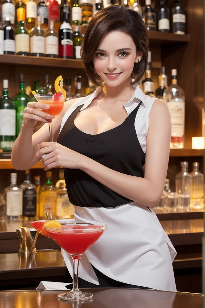1lady standing, (holding up cocktail glass) (presenting cocktail glass toward viewers), bartender, (black vest over white dress shirt) tie, stylish outfit, mature female, /(dark brown hair/), kind smile, (masterpiece best quality:1.2) delicate illustration ultra-detailed, medium breasts BREAK (fashionable bar counter) indoors, ((cocktail glass) filled with colorful liquor), (dimly lit room), liquor bottles, detailed background