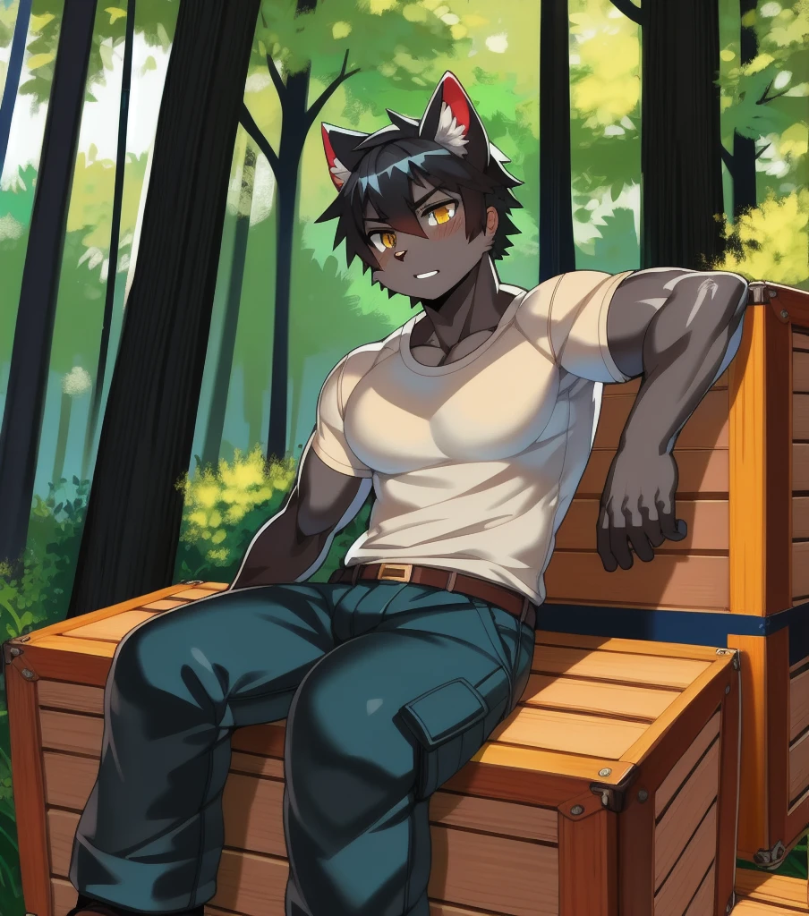 by jijis-waifus,(by pgm300:0.5),best quality,masterpiece,forest,crate,sitting,solo,adult,muscular male,male,cat,feline,short hair,black hair,yellow eyes,gray body,cargo pants,shirt