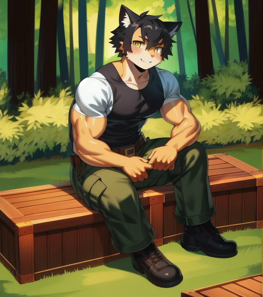 by jijis-waifus,(by pgm300:0.5),best quality,masterpiece,forest,crate,sitting,solo,adult,muscular male,male,cat,feline,short hair,black hair,yellow eyes,gray body,cargo pants,shirt