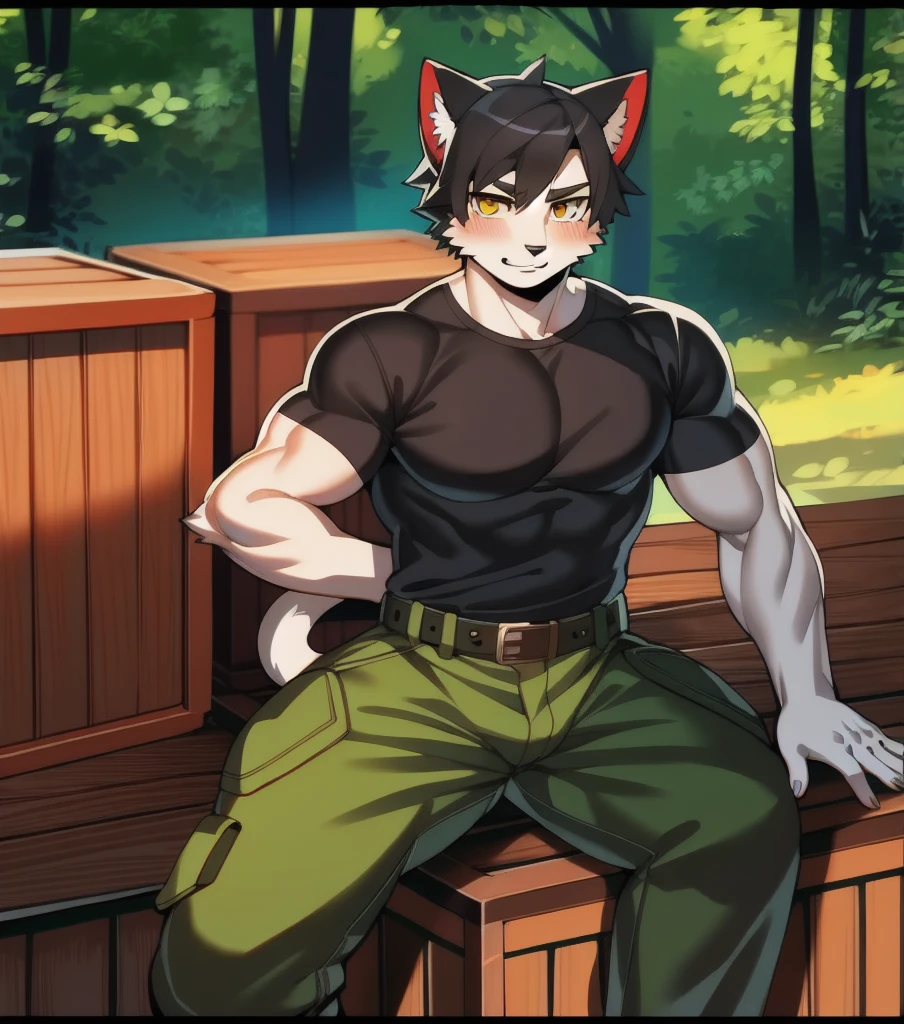by jijis-waifus,(by pgm300:0.5),best quality,masterpiece,forest,crate,sitting,solo,adult,muscular male,male,cat,feline,short hair,black hair,yellow eyes,gray body,cargo pants,shirt