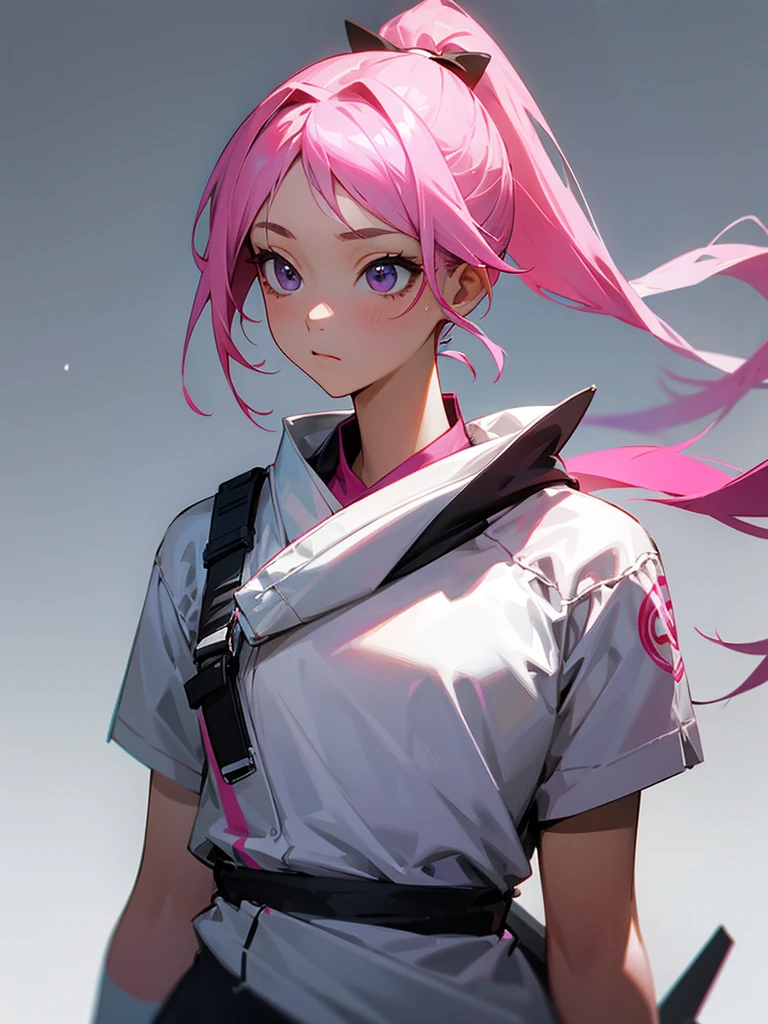Pink hair in a ponytail。
The whole body is shown facing the front。
Background is white。