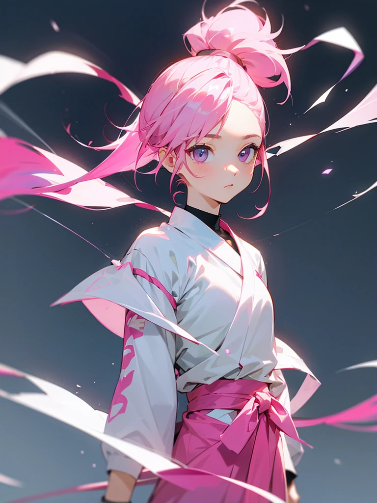 Pink hair in a ponytail。
The whole body is shown facing the front。
Background is white。