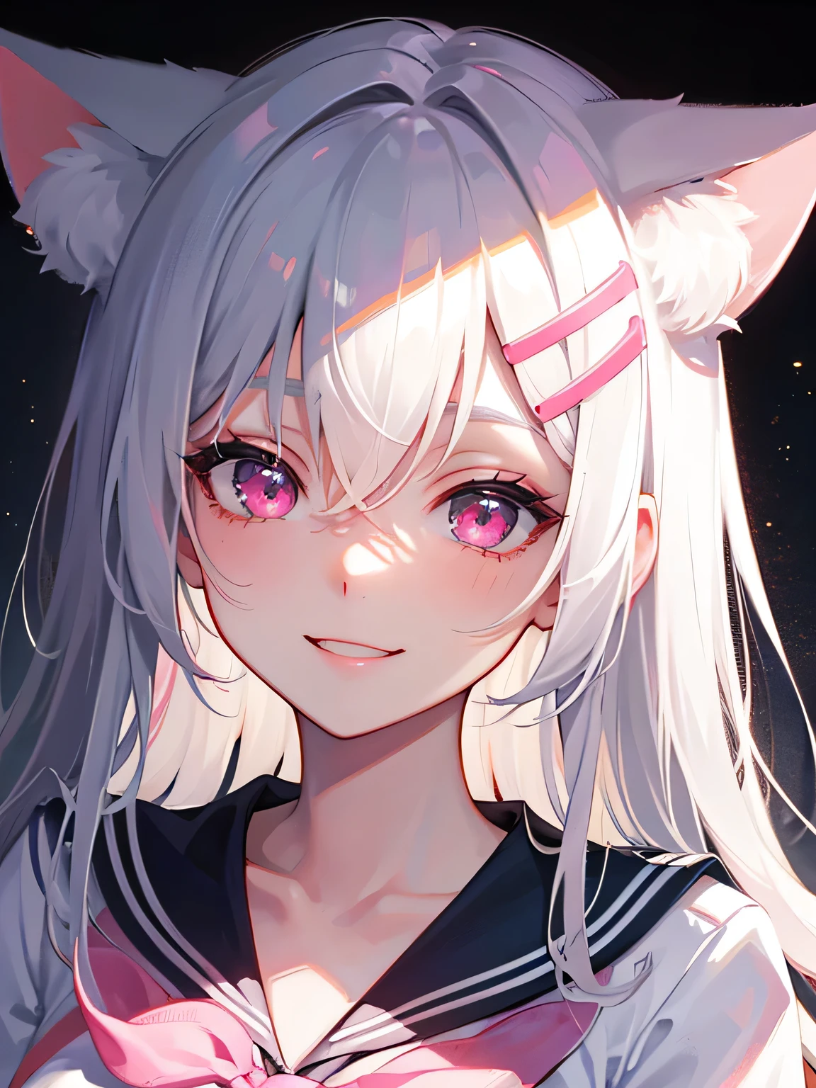 Highly detailed face,fine grain,Highlighted eyes, medium breasts ,pretty girl, smile shyly,Cat ear,Beautiful silver hair,Pink inside,Beautiful pink eyes,shiny skin, beautiful shadow,White sailor uniform,ribbon, I want to send a letter to you
