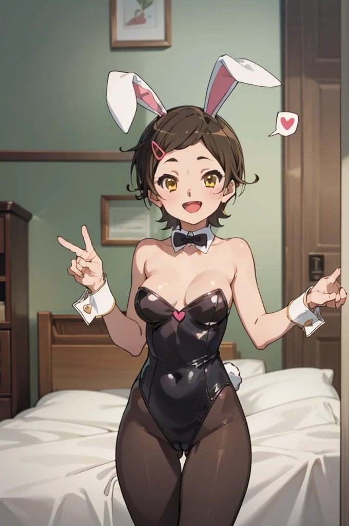 solo, 1girl, , hazuki katou, ,medium breasts,,bunny girl,bunny suits,leotard,,rabbit ears,my room,open mouth,tongue,,looking viewer,happy smile,lovely,cute,spoken heart,nsfw