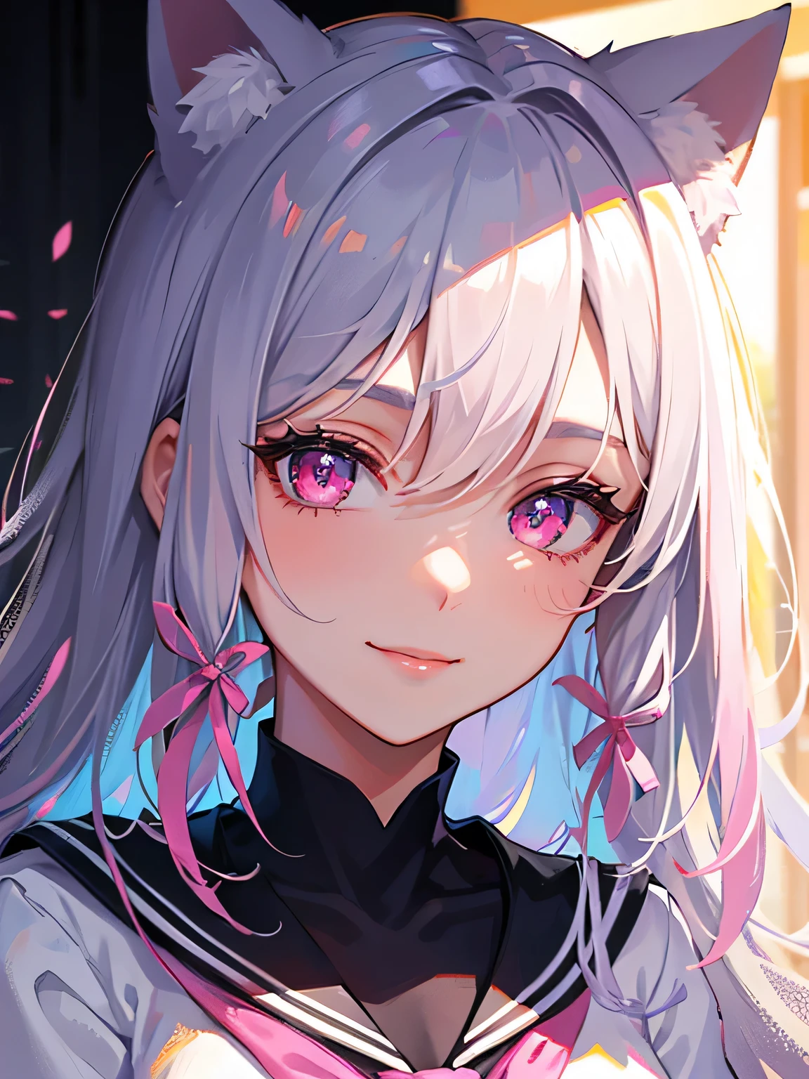 Highly detailed face,fine grain,Highlighted eyes, medium breasts ,pretty girl, smile shyly,Cat ear,Beautiful silver hair,Pink inside,Beautiful pink eyes,shiny skin, beautiful shadow,White sailor uniform,ribbon, I want to send a letter to you