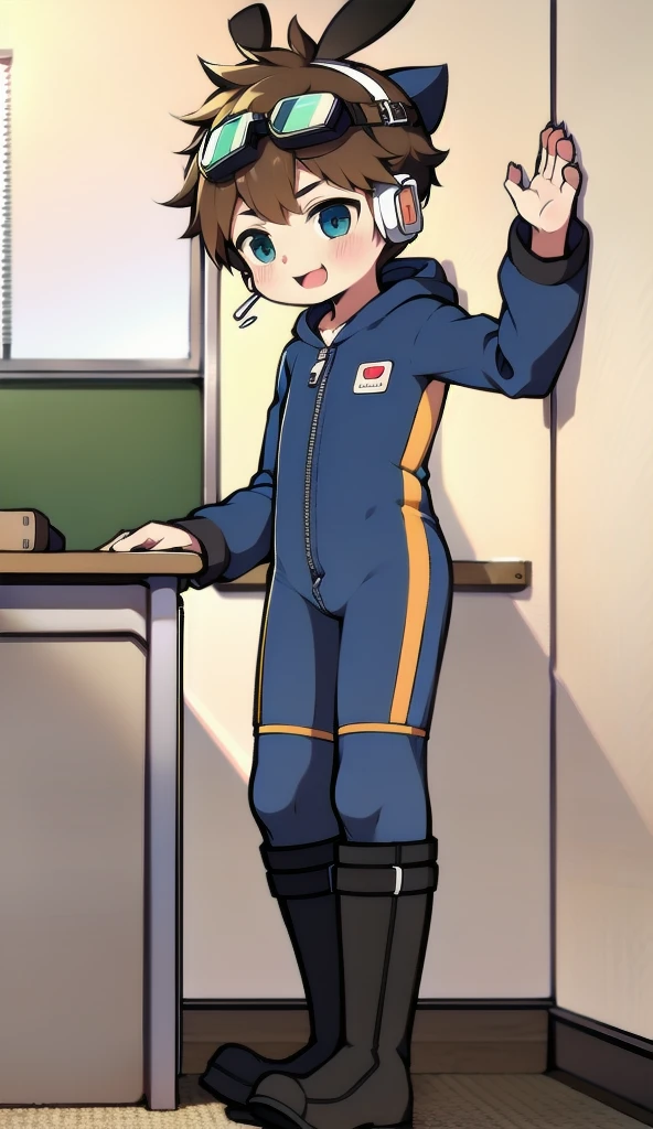 2D Boy Shota,One-piece mountaineering suit,Slim, healthy body,Put the headphones on your head,stand up,goggles,Rabbit ears,happy,Sailor collar,tie,Zipper pulled down,boots,hood,classroom