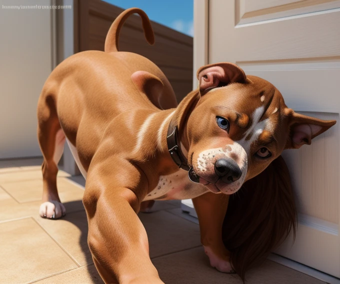 ((Naked Woman outside on the side walking on handsand knees)), ((walking on all four paws)), ((long fluffy dog tail)), ((wider hips)), ((woman reposition herself into dog stand)), ((hands turns into paws)), ((feet turns into paws)), ((woman with freckles)), (topless), brown freckles, freckled pale skin, (cute freckles), (small freckles), freckled, freckles!!!, (freckles), elegant freckles, (brown freckles), (with freckles), freckles on chicks, (dark noticeable freckles), (freckled face), (very brown freckles), rosy cheeks with freckles, (a lot of freckles), Lentigines, (breasts showing), 30 year old woman, ((freckled nose)), ((freckled chest)), hard  showing, ((dog ears)) , (dog fur growing) , ((long dog nose)), blue eyes, ((bigger )), ((body reshapes into dog body)), ((anthro dog)), ((full pitbull transformation)), a brown and white dog standing in front of a door, a digital rendering, by Ivan Ranger, zbrush central contest winner, hyperrealism, pitbull, full body shot hyperdetailed