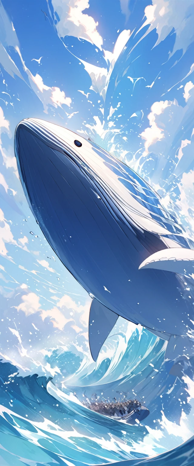 Gentle breezes gather together and become the blue of the sky. Raging waves pile up and become the blue of the sea. If it is filled with our prayers, the blue of hope that all our parents have longed for will be revived.　A giant whale jumping