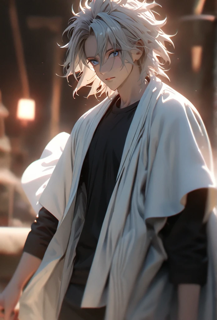 (solo), white hair, messy hair, mane hair, short hair, dense hair, wild hair, expressive hair, mature,(25 year old), pale skin, blue eyes, ((male)), wearing a black shirt, wearing a white cloak,, rolled up sleeves, handsome, attractive, eye reflection, depth of field, thunder aura,cinematic lighting, ray tracing, depth of field, cinematic lighting, ray tracing, UHD, high details, best quality, highres, high quality, award winning, super detail, masterpiece, 8k, UHD, high details, best quality, highres, high quality, award winning, super detail, masterpiece, 8k, digital art, anime coloring, full body shot, body shot, good face, perfect face, detailed face, good eyes, looking towards the screen.