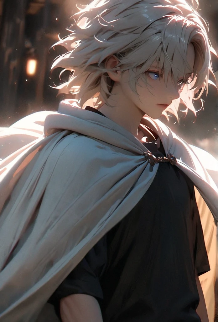 (solo), white hair, messy hair, mane hair, short hair, dense hair, wild hair, expressive hair, mature,(25 year old), pale skin, blue eyes, ((male)), wearing a black shirt, wearing a white cloak,, rolled up sleeves, handsome, attractive, eye reflection, depth of field, thunder aura,cinematic lighting, ray tracing, depth of field, cinematic lighting, ray tracing, UHD, high details, best quality, highres, high quality, award winning, super detail, masterpiece, 8k, UHD, high details, best quality, highres, high quality, award winning, super detail, masterpiece, 8k, digital art, anime coloring, full body shot, body shot, good face, perfect face, detailed face, good eyes, looking towards the screen.