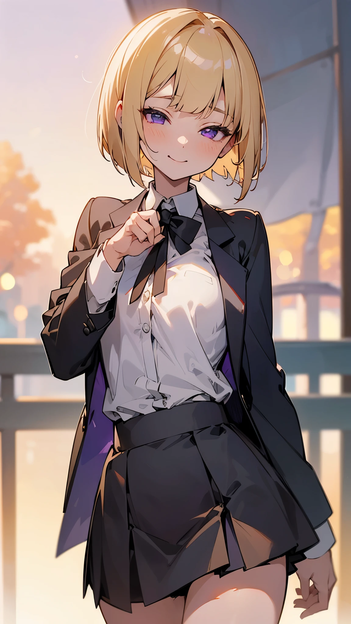 1 Girl、8K、Sharp focus、(Bokeh) (Highest quality) (Detailed skin:1.3) (Intricate details) (anime)、(blonde)、short hair、Bobcut、Blunt bangs、Beautiful purple eyes、Slender body、White shirt、Black mini skirt、Black Fitted Blazer、Calm face、Mouth closed、Cheeky Smile、Squint your eyes、Park in the background、sunset、Soft lighting.