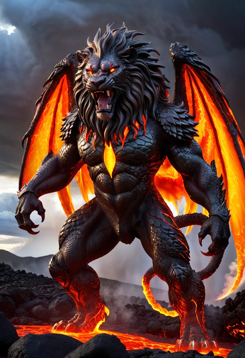 creature has the body and mane of a lion, with large, fiery wings similar to those of a dragon, body is adorned with dark, molten scales that glow with fiery cracks, giving it an appearance of being forged from lava and fire, The creature has an aggressive and roaring expression, with glowing, fiery eyes that emit an intense light, stands on a rocky, volcanic landscape with molten lava and smoke rising around it, contributing to the creature's fiery and intimidating presence, The sky above is stormy, filled with dark clouds, adding to the dramatic and otherworldly atmosphere of the scene