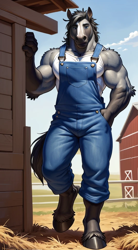 Front view, (modern):1.8 full height, anthro (horse), male, equine, adult, solo, muscular:1.2, thick:1.4 build, tall, ((blue:1 farm overalls, black-white vest)), hooves, correct anatomy, horse tail, , (grey fur, short black mane, detailed fur:1.4), shy, (high quality ultradetailed:1 blue eyes), farm background, (masterpiece:1.2), epic, natural lighting, (by takemoto arashi, by meesh, by Taran Fiddler)
