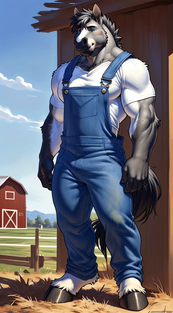 Front view, (modern):1.8 full height, anthro (horse), male, equine, adult, solo, muscular:1.2, thick:1.4 build, tall, ((blue:1 farm overalls, black-white vest)), hooves, correct ???????, horse tail, , (grey fur, short black mane, detailed fur:1.4), shy, (high quality ultradetailed:1 blue eyes), farm background, (masterpiece:1.2), epic, natural lighting, (by takemoto arashi, by meesh, by Taran Fiddler)
