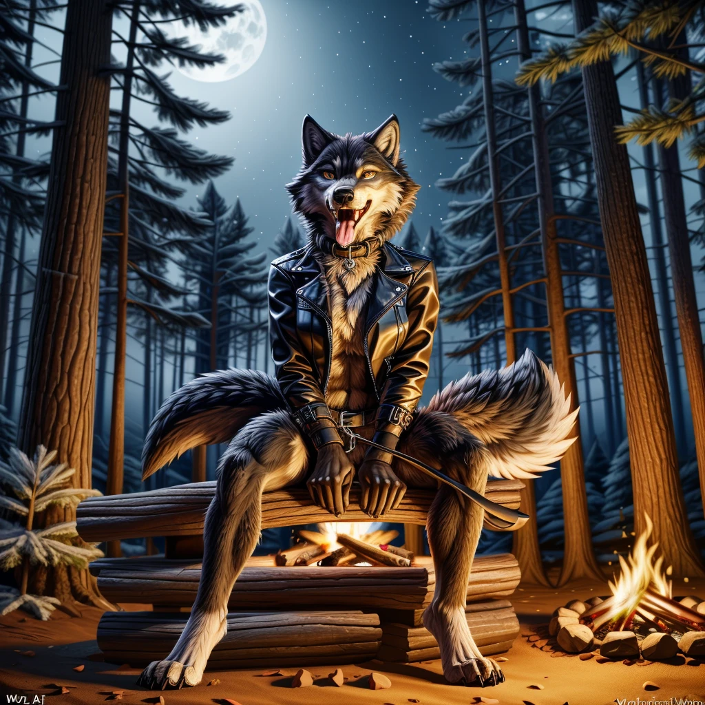 Sitting in front of campfire on log, female, 30 years old, happy, mouth open with tongue hanging out, black leather jacket, anthro, wolf ears, (black fur:1.5), wolf, forest background, 8k, hi res, (best quality, masterpiece), (wolf tail:1.5), detailed fur, solo, looking at camera, night, leash, collar,