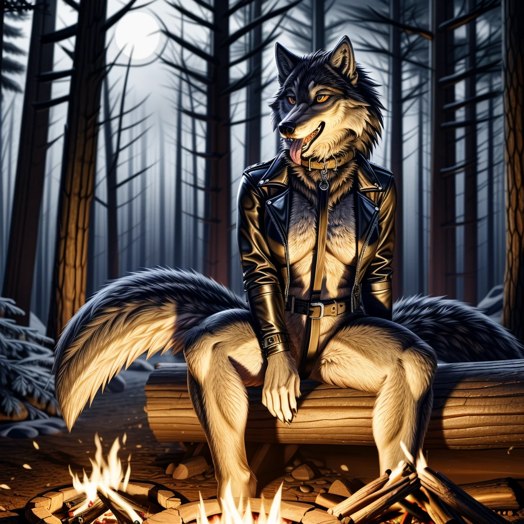 Sitting in front of campfire on log, female, 30 years old, happy, mouth open with tongue hanging out, black leather jacket, anthro, wolf ears, (black fur:1.5), wolf, forest background, 8k, hi res, (best quality, masterpiece), (wolf tail:1.5), detailed fur, solo, looking at camera, night, leash, collar,