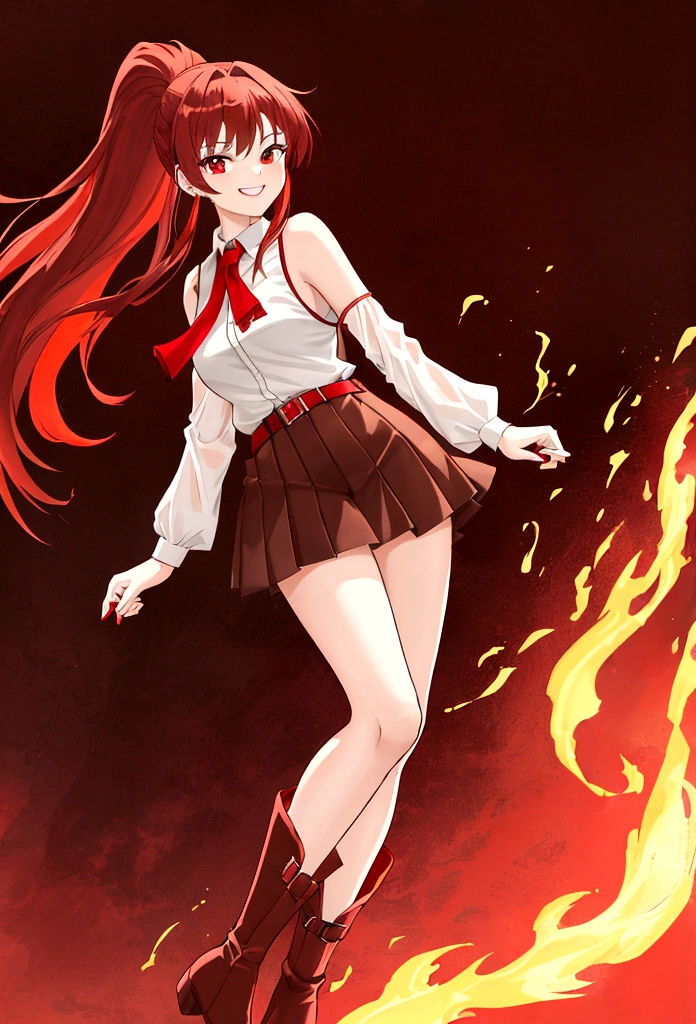 20 years old girl, long red hair, wears a ponytail, red eyes, always smiling. She dresses in an antique style, wearing a short brown skirt with black shorts underneath, ending above the knees. She wears knee-high brown boots. Her white blouse is sleeveless and features red details. She possesses fire powers and has a fire-themed background."