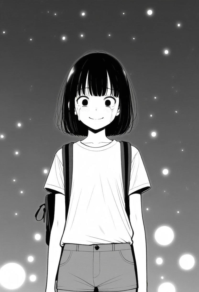 masterpiece, best quality, 1girl, mamerakkkkko, grayscale, manga style, japanese, chi no wadachi, black eyes, street, iced, black hair, schoolbag, smile, lineart, white background, white shirt, grey shorts, centered, 18 years old, tall, fair skinned, bokeh background, crying, tears, straight-on, tears streaming, bob cut, light particles, centered