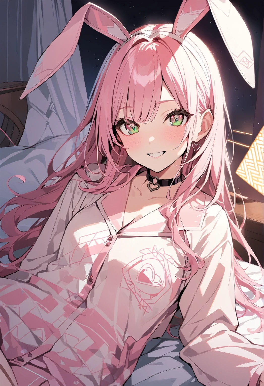 1 girl, pink long hair, heart shaped eyes,Bunny ears, {Pink semi-long hair girl、 The name Nami}, (Green eye color), {night、Night&#39;s bedroom、dark、electricity、bed、pajamas}, (smile) , mole under eye, heart shaped choker, (masterpiece, highest quality), very detailed, highest quality, official art, beautiful and aesthetic: 1.2), (1 girl), very detailed, (geometry art: 1.3), colorful, most detailed ?d1 girl, Pink semi-long hair, Eye of the symbol, {A girl with long pink bun hair The name Nami}, (Green eye color), (smile),mole under eye, heart shaped choker, (masterpiece, highest quality), official art, beautiful and aesthetic: 1.2), (1 girl), very detailed, (geometry art: 1.3), colorful