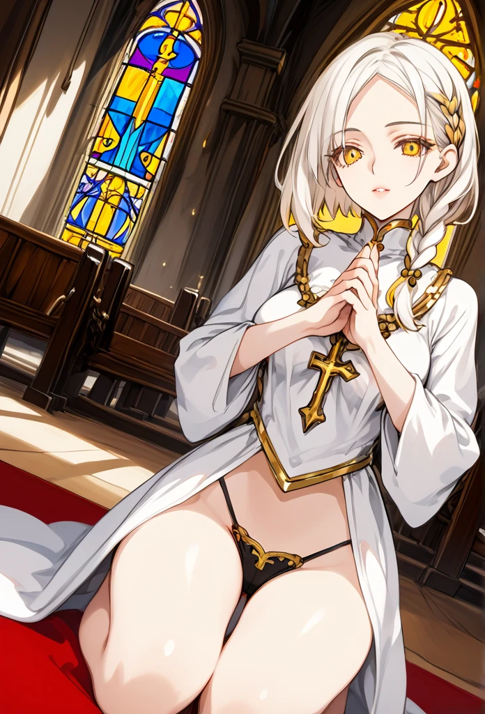 Mature woman, mature face, gentle face, glossy lips, golden eye color, golden eyes, gentle eyes, (braid hairstyle, bob hair, white hair, yellow gradient hair color, glossy hair), slender body, medium breast, thick thighs, saintess clothes, string panties, (nipple through clothing), church, praying pose, kneeling, view from above, side view