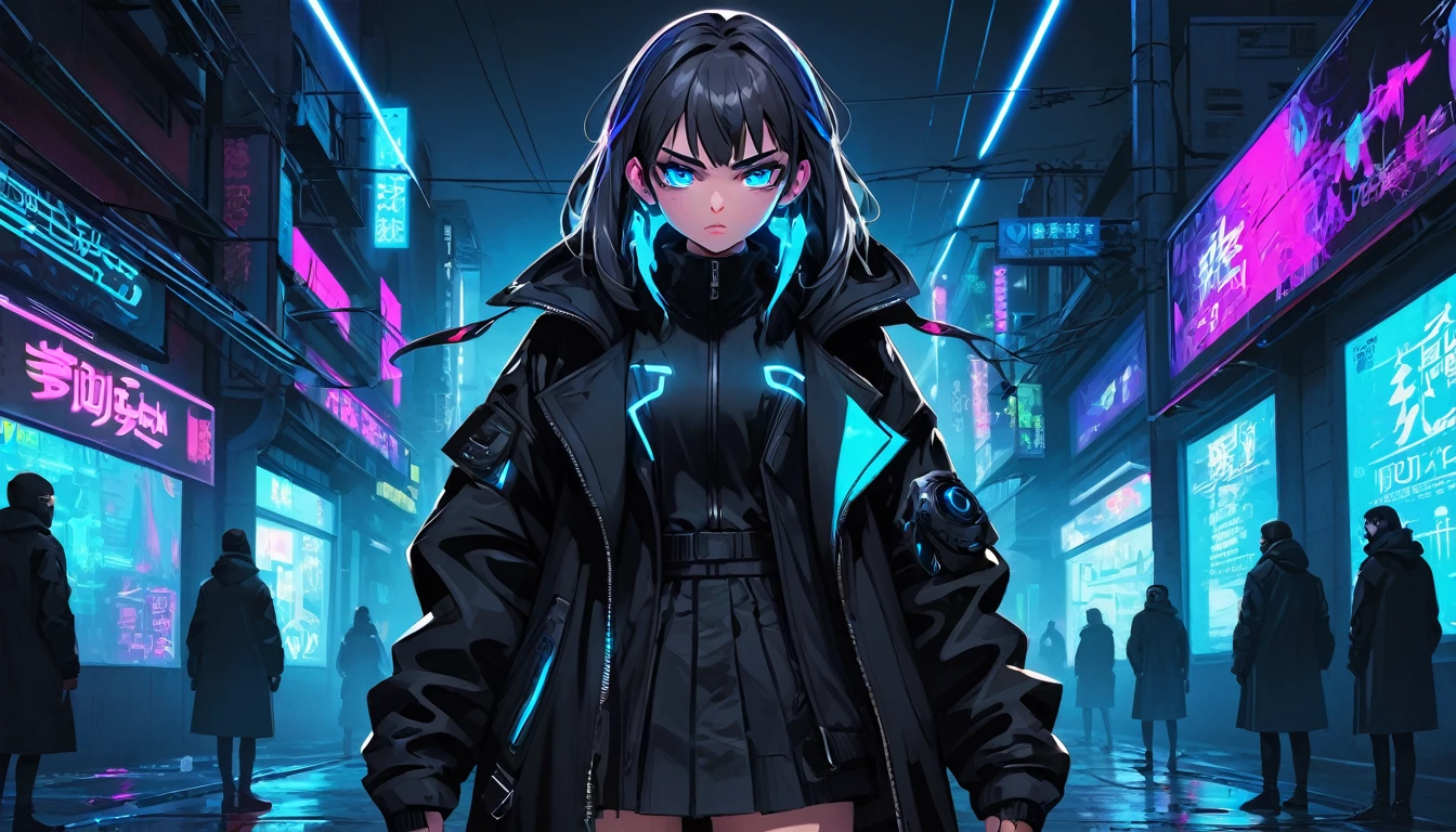 Angry girl 1 person, full body, cyberpunk, blue eyes, glowing eyes, black coat, open coat, neon,