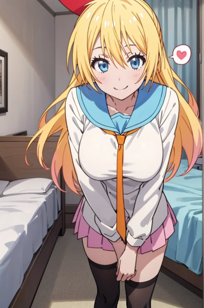 solo, 1girl, chitoge kirisaki, serafuku, necktie, smile, looking at viewer, miniskirt,thighhighs,my room,spoken heart,big breasts,nsfw