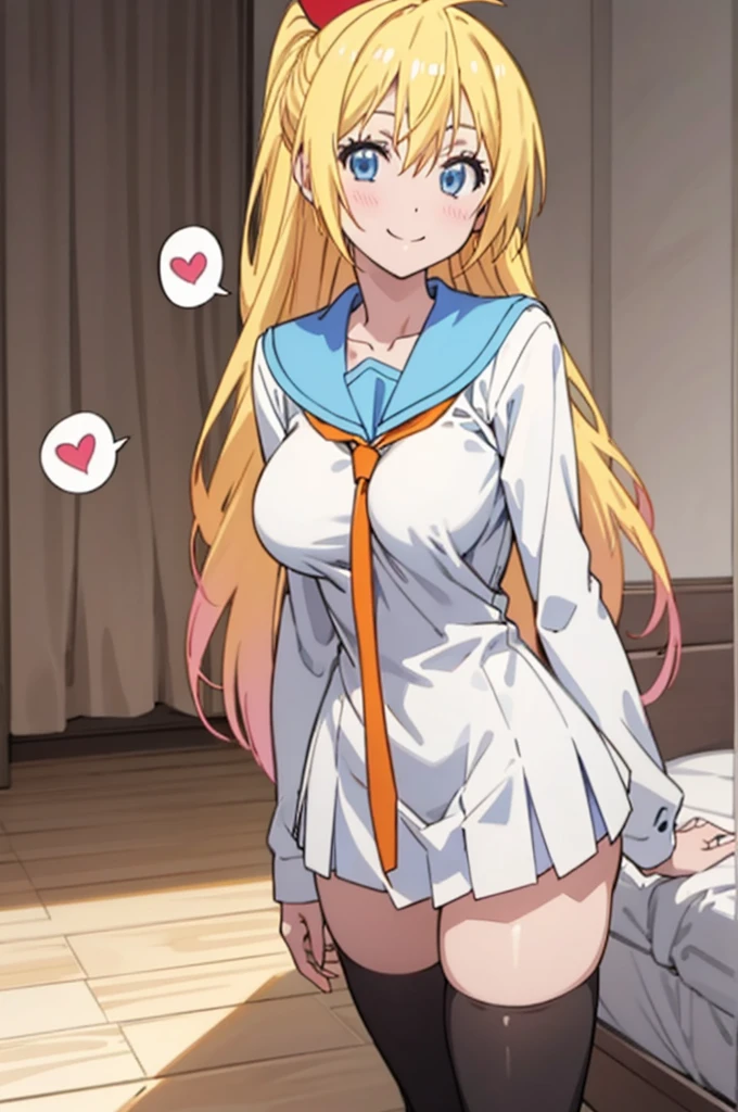 solo, 1girl, chitoge kirisaki, serafuku, necktie, smile, looking at viewer, miniskirt,thighhighs,my room,spoken heart,big breasts,nsfw