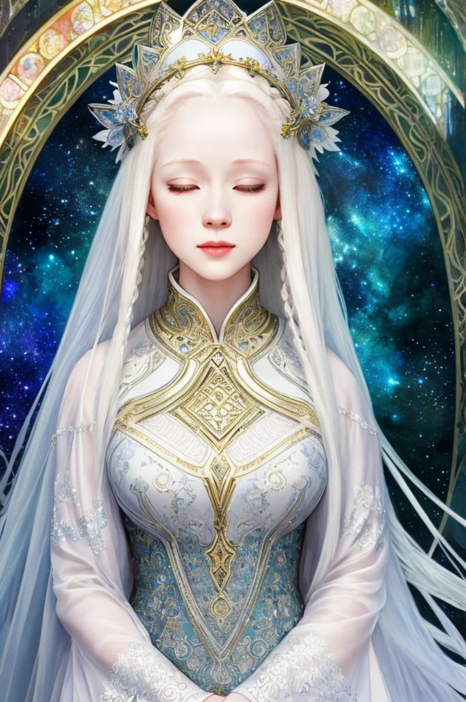 beautiful albino woman, albinism ,full body, looking at the viewer, symmetrical, eyes closed, slight smirk, intricate details, cosmic, ethereal, mystical, complex environment, brush strokes, glowing lights,  Alphonse Mucha, masterpiece, super high resolution, high quality, leather armor, armored female, long white hair, beautiful braids, medieval, hispanic albino