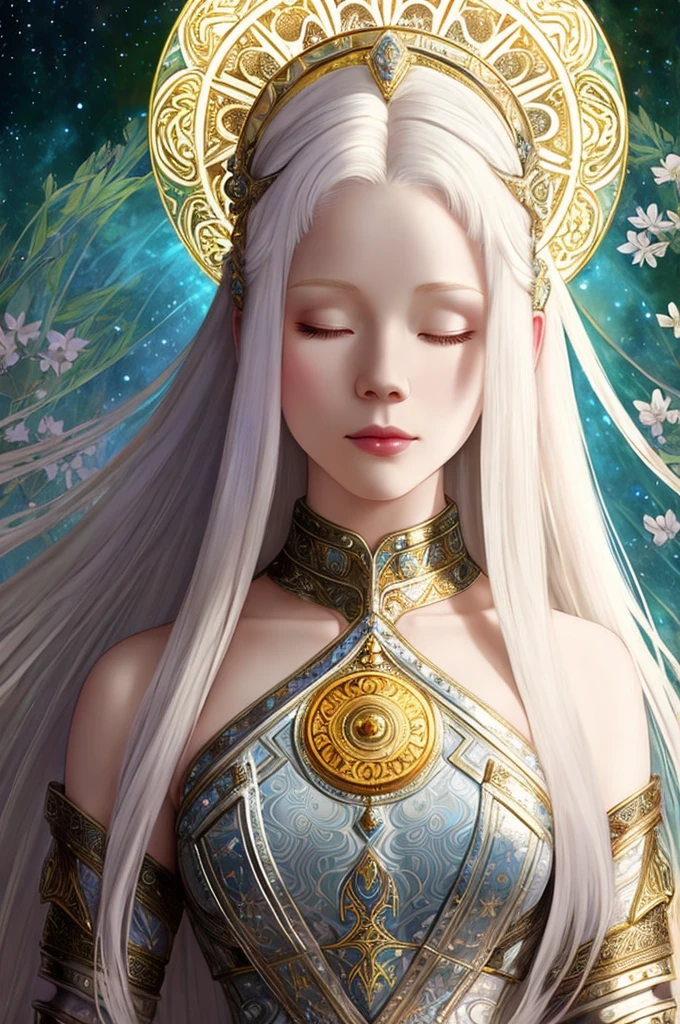 beautiful albino woman, albinism ,full body, looking at the viewer, symmetrical, eyes closed, slight smirk, intricate details, cosmic, ethereal, mystical, complex environment, brush strokes, glowing lights, Alphonse Mucha, masterpiece, super high resolution, high quality, leather armor, armored female, long white hair, beautiful braids, medieval, hispanic albino