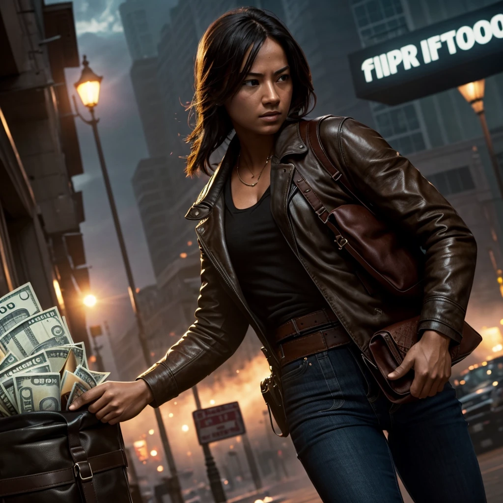 bags of cash, cinematic action, masterpiece, super detail, textured skin, atmospheric perspective,